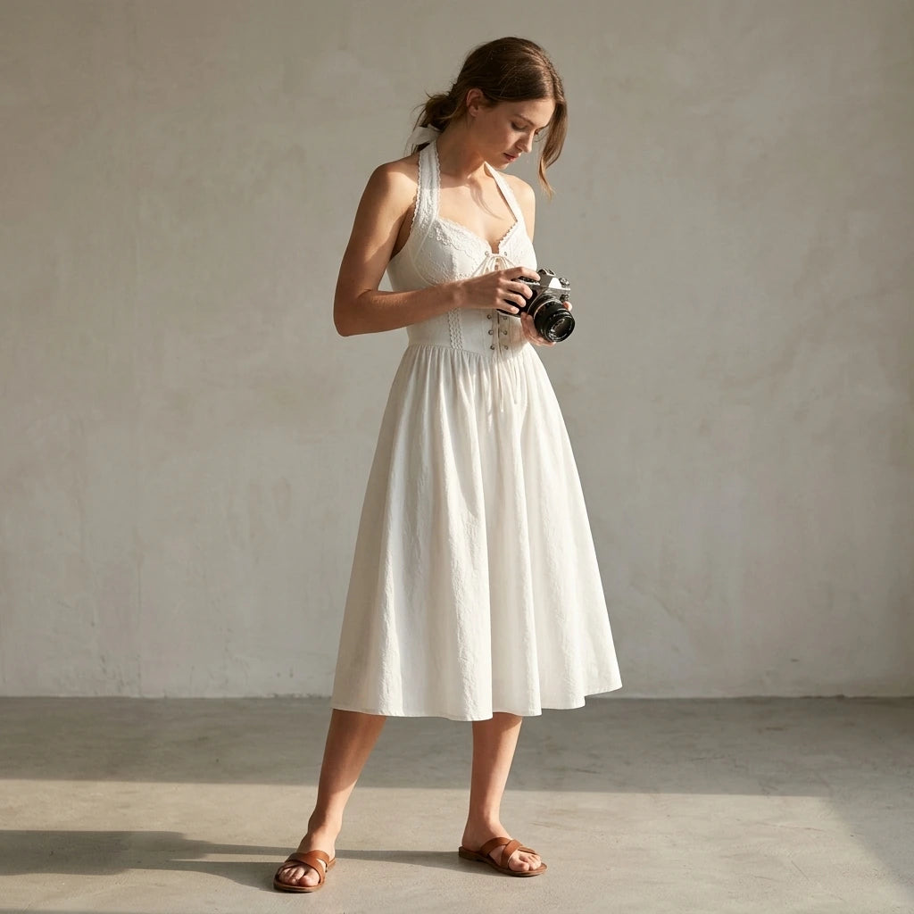 Natural lifestyle image of a model wearing white-embroidery-a-line-halter-midi-dress