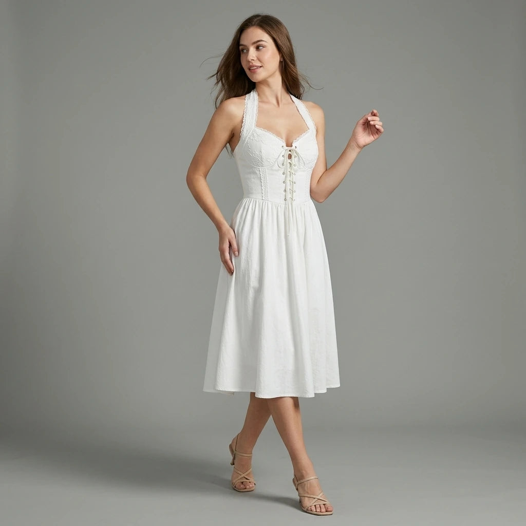 Second natural lifestyle image of a model wearing white-embroidery-a-line-halter-midi-dress