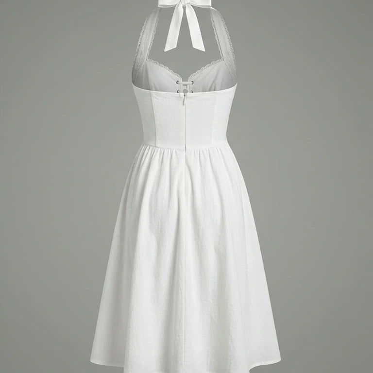 Back product-only image of white-embroidery-a-line-halter-midi-dress