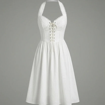 Front product-only image of white-embroidery-a-line-halter-midi-dress