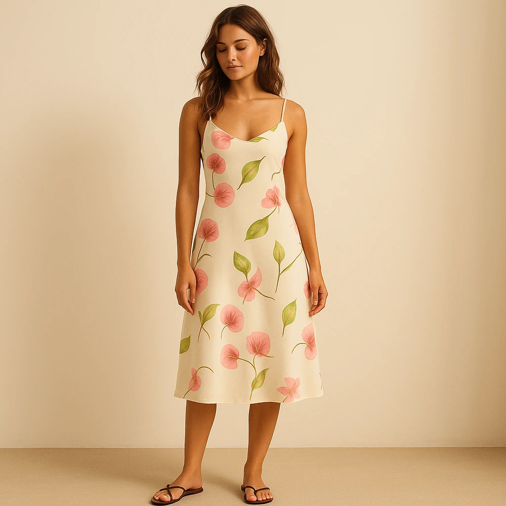 Natural lifestyle image of a model wearing White Floral Slip Midi Dress Sheath Sleeveless Vacation Summer