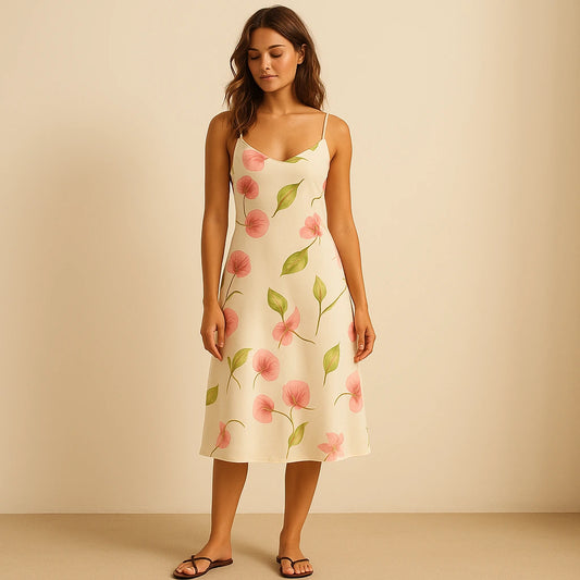Natural lifestyle image of a model wearing White Floral Slip Midi Dress Sheath Sleeveless Vacation Summer