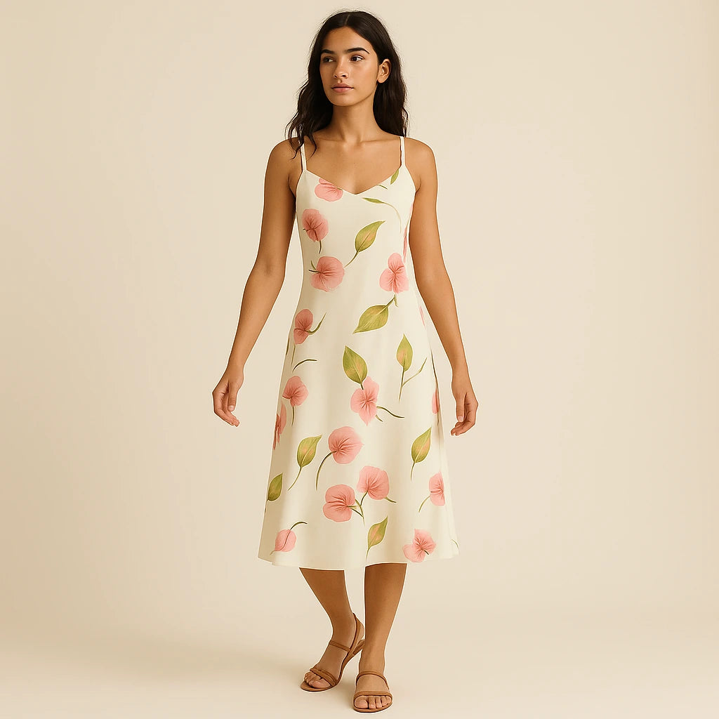 Second natural lifestyle image of a model wearing White Floral Slip Midi Dress Sheath Sleeveless Vacation Summer