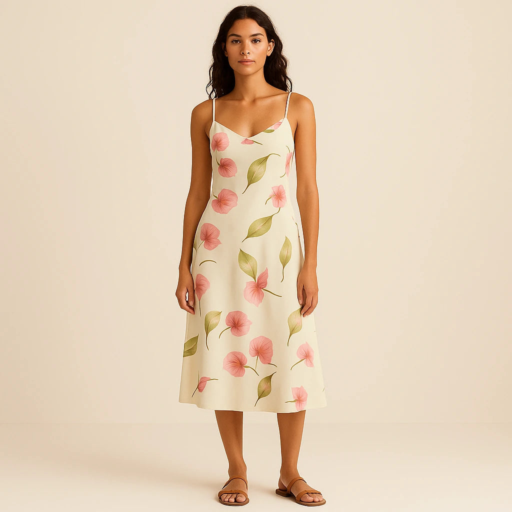 Third natural lifestyle image of a model wearing White Floral Slip Midi Dress Sheath Sleeveless Vacation Summer