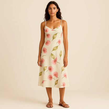 Third natural lifestyle image of a model wearing White Floral Slip Midi Dress Sheath Sleeveless Vacation Summer