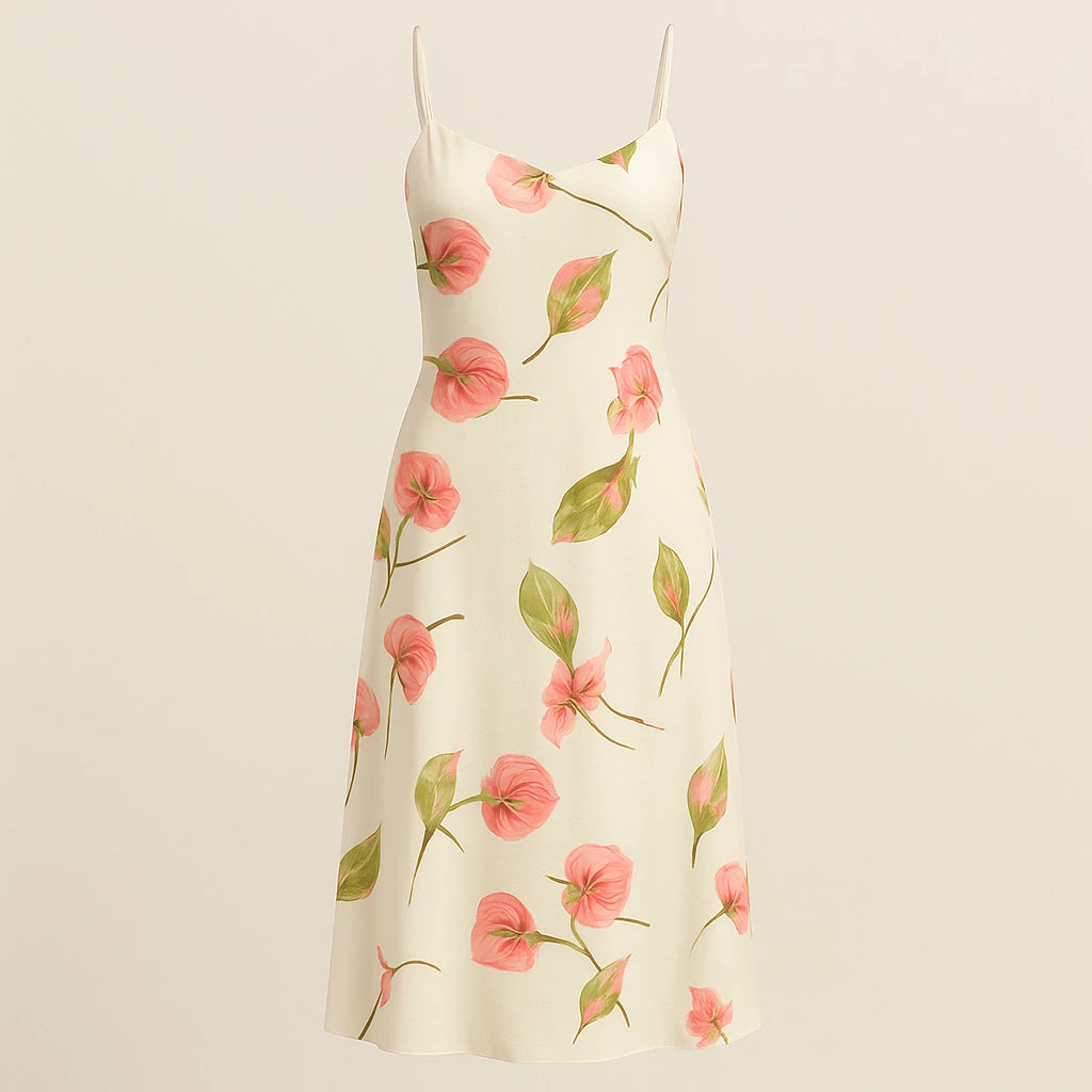 Isolated product image of White Floral Slip Midi Dress Sheath Sleeveless Vacation Summer on simple background
