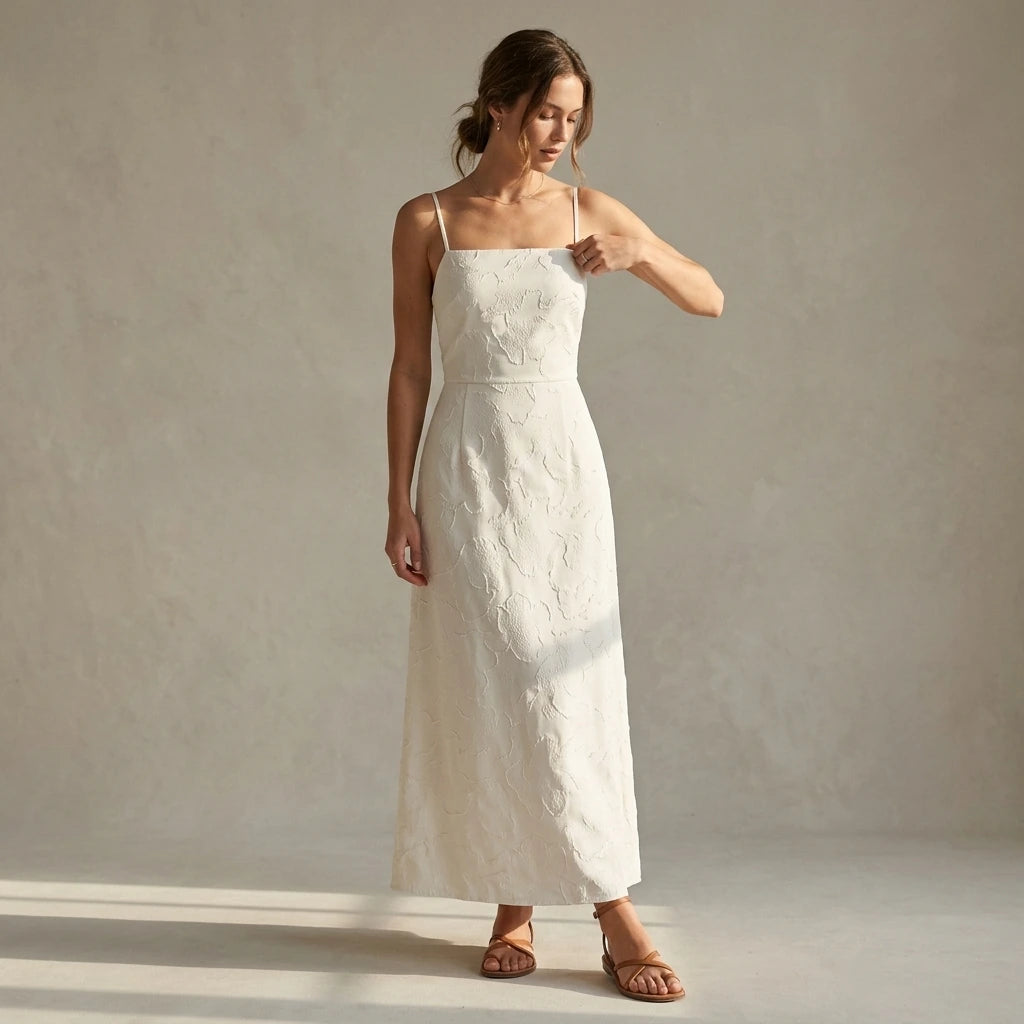 Natural lifestyle image of a model wearing White Jacquard Square Neck Maxi Dress