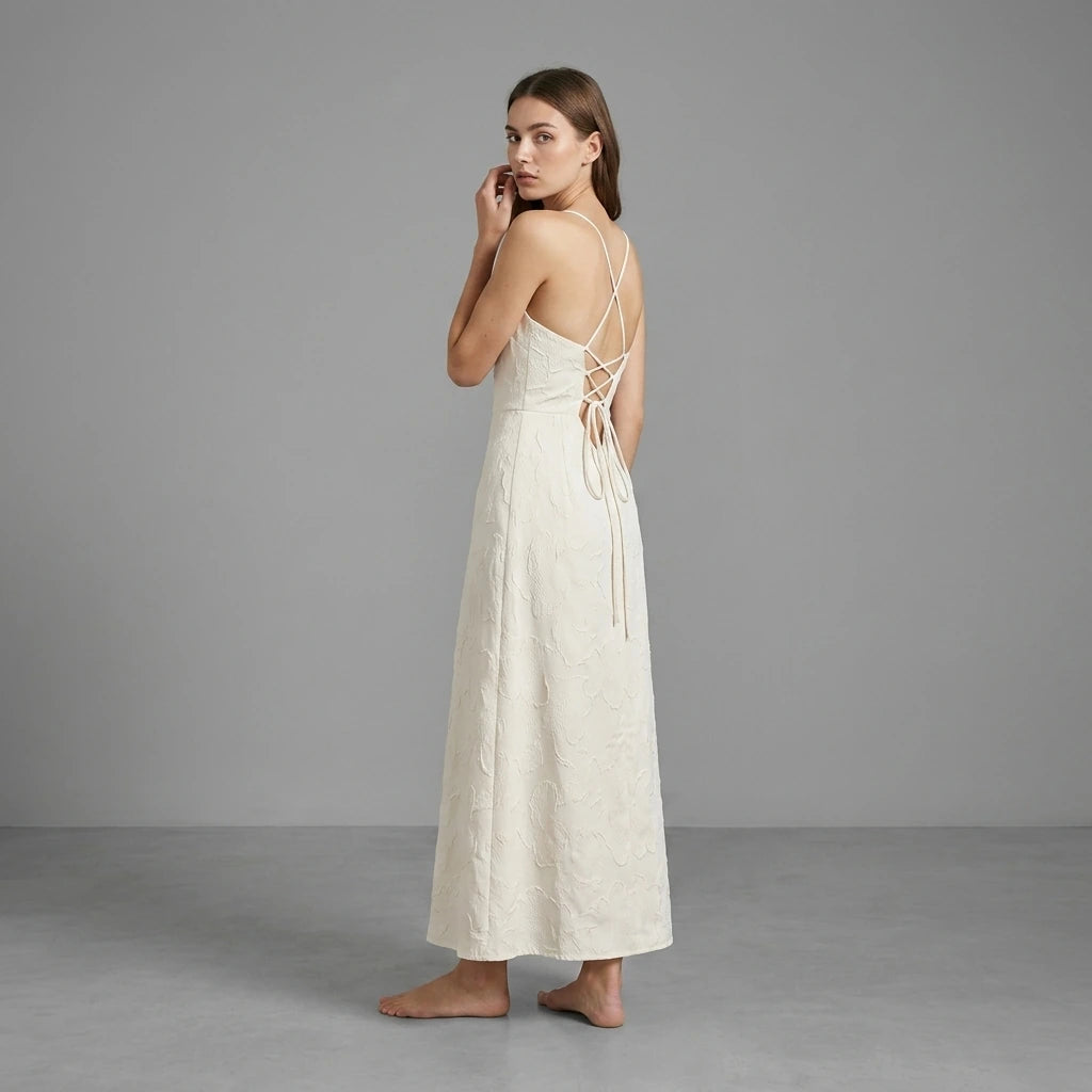 Second natural lifestyle image of a model wearing White Jacquard Square Neck Maxi Dress
