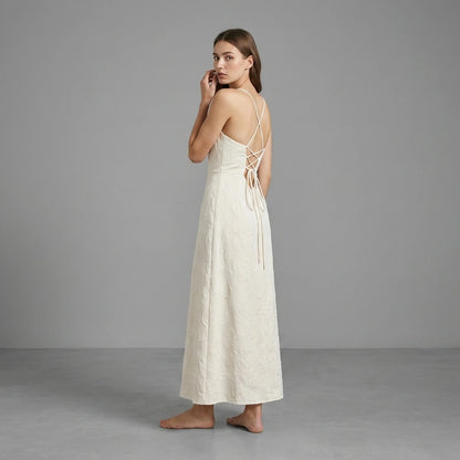 Second natural lifestyle image of a model wearing White Jacquard Square Neck Maxi Dress