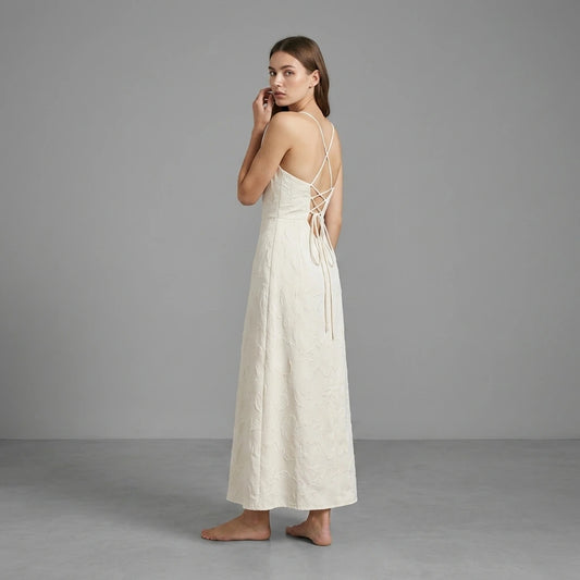 Second natural lifestyle image of a model wearing White Jacquard Square Neck Maxi Dress