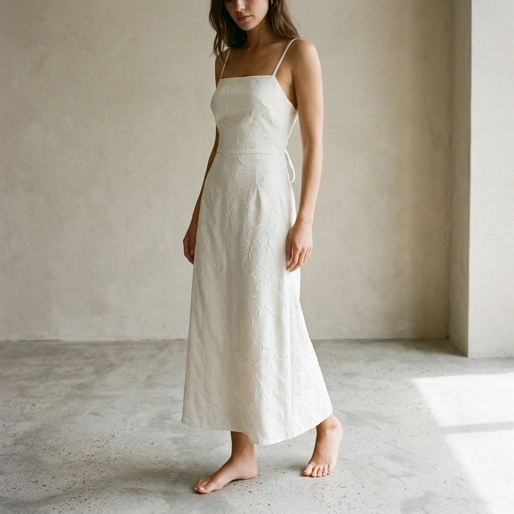Third natural lifestyle image of a model wearing White Jacquard Square Neck Maxi Dress