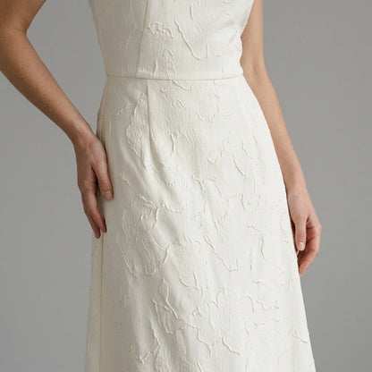Model wearing White Jacquard Square Neck Maxi Dress with close focus on the product