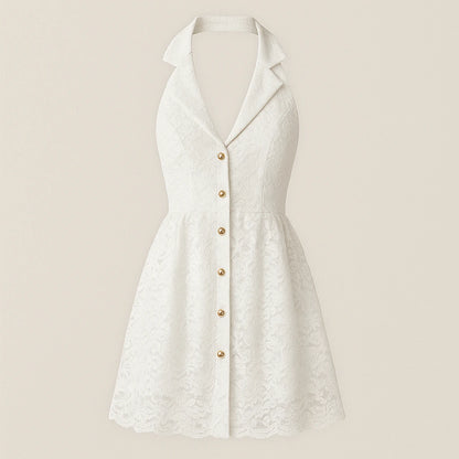 Isolated product image of White Skater Backless Mini Dress Sleeveless Polyester Summer on simple background