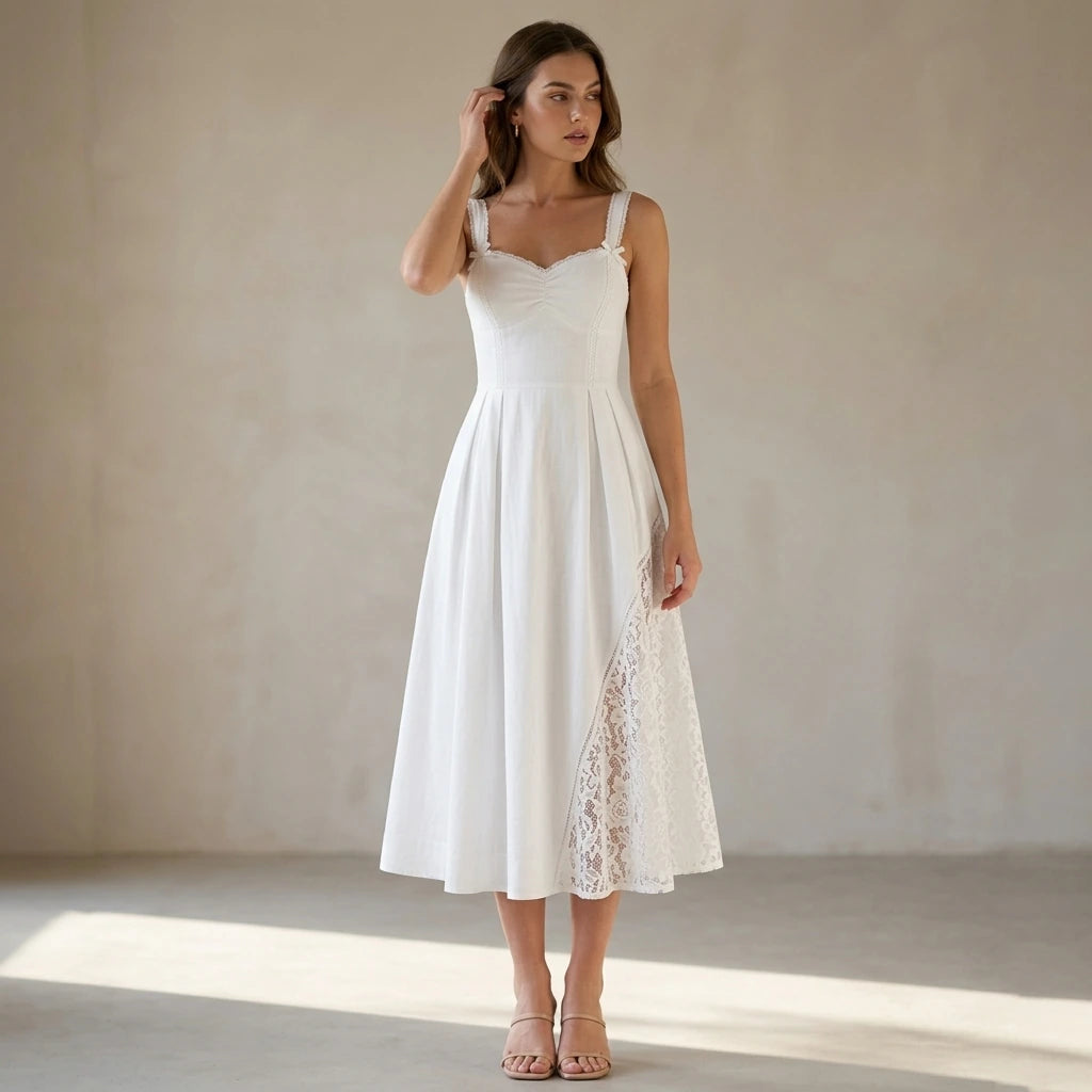 Natural lifestyle image of a model wearing White Lace Splicing Shirred Midi Dress