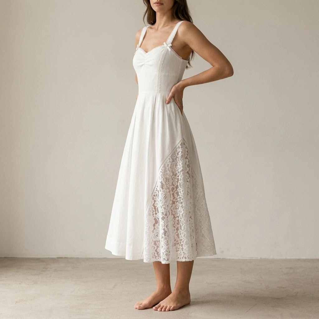Second natural lifestyle image of a model wearing White Lace Splicing Shirred Midi Dress