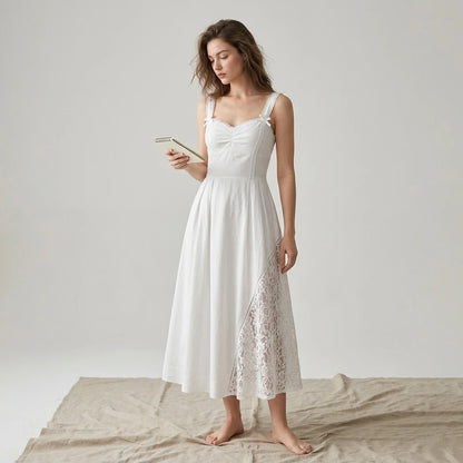 Third natural lifestyle image of a model wearing White Lace Splicing Shirred Midi Dress