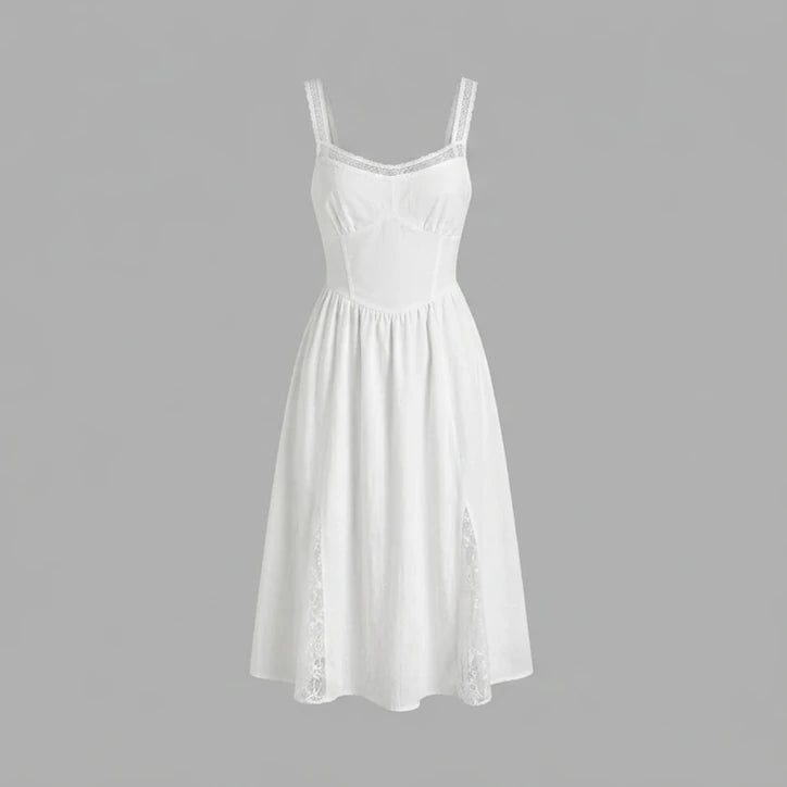 Front product-only image of White Lace Splicing Shirred Midi Dress
