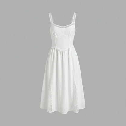 Front product-only image of White Lace Splicing Shirred Midi Dress