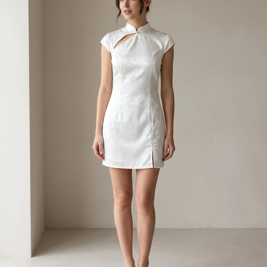 Third natural lifestyle image of a model wearing white-mandarin-collar-jacquard-mini-dress