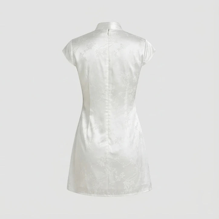 Back product-only image of white-mandarin-collar-jacquard-mini-dress