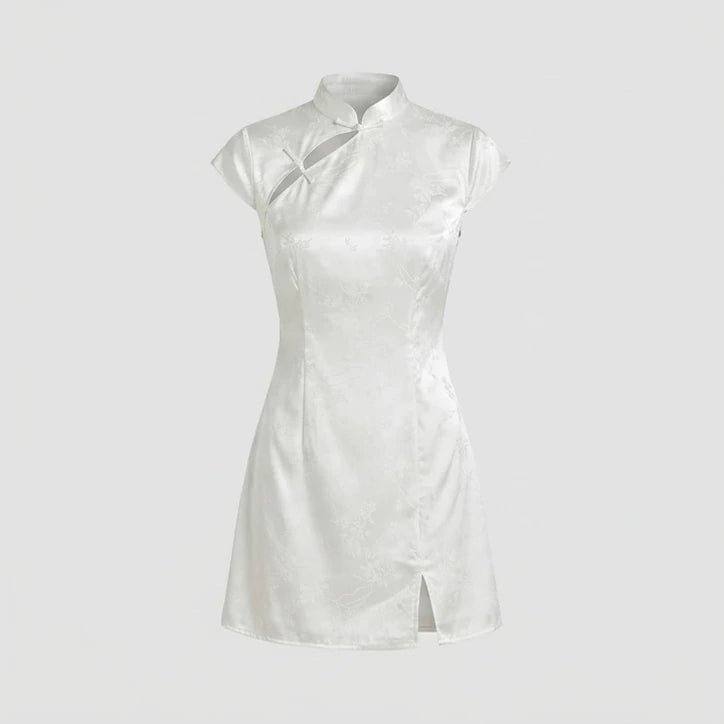 Front product-only image of white-mandarin-collar-jacquard-mini-dress