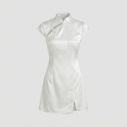 Front product-only image of white-mandarin-collar-jacquard-mini-dress