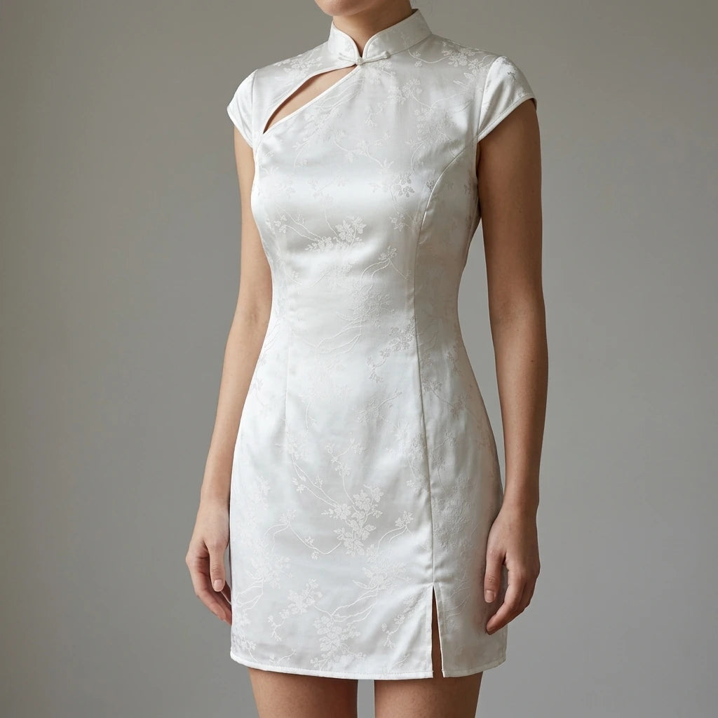 Model wearing white-mandarin-collar-jacquard-mini-dress with close focus on the product