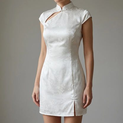 Model wearing white-mandarin-collar-jacquard-mini-dress with close focus on the product