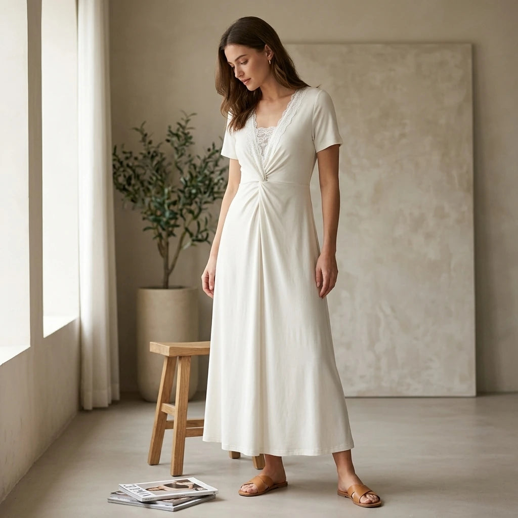 Natural lifestyle image of a model wearing White V Neck Lace Splicing Maxi Dress