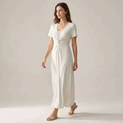 Second natural lifestyle image of a model wearing White V Neck Lace Splicing Maxi Dress