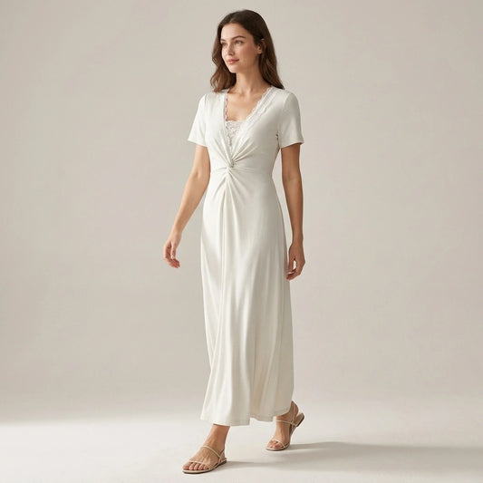 Second natural lifestyle image of a model wearing White V Neck Lace Splicing Maxi Dress