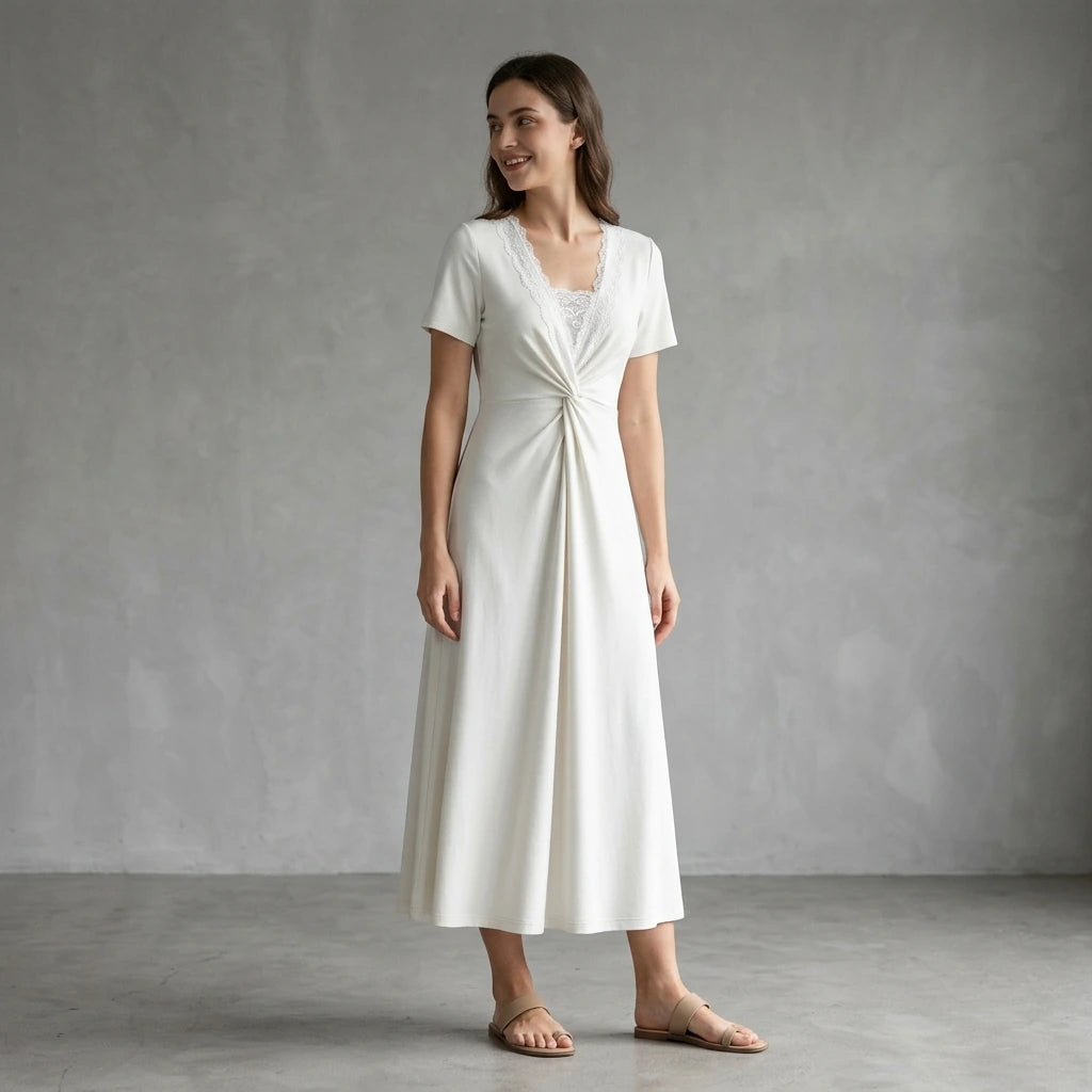 Third natural lifestyle image of a model wearing White V Neck Lace Splicing Maxi Dress