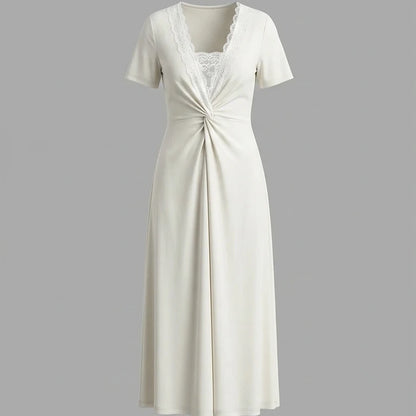 Front product-only image of White V Neck Lace Splicing Maxi Dress