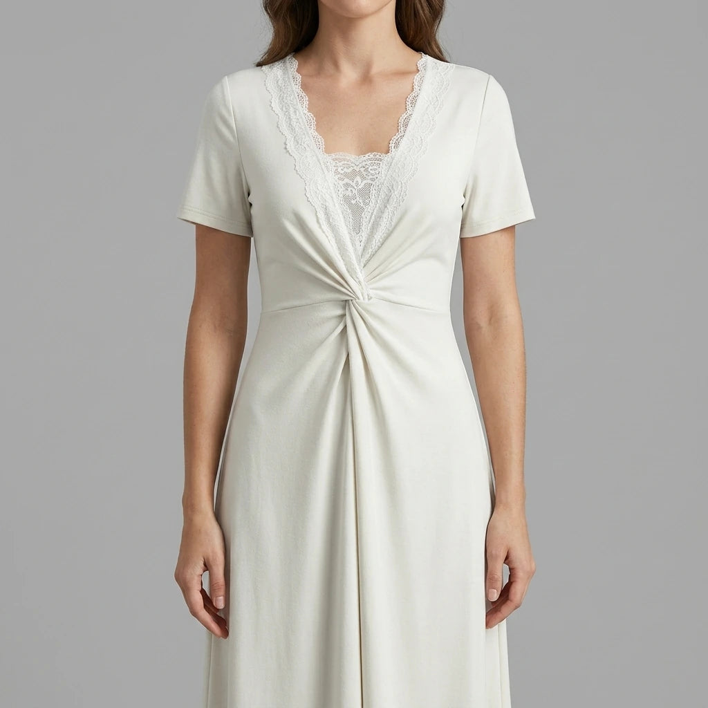 Model wearing White V Neck Lace Splicing Maxi Dress with close focus on the product