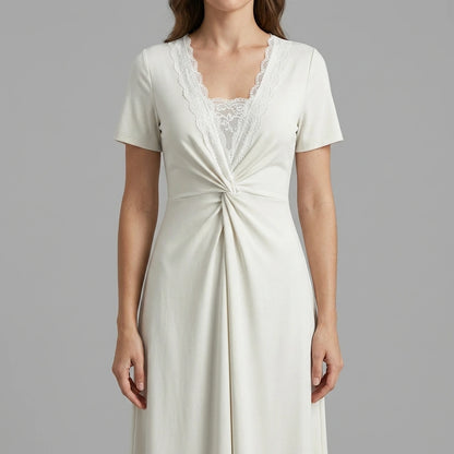 Model wearing White V Neck Lace Splicing Maxi Dress with close focus on the product