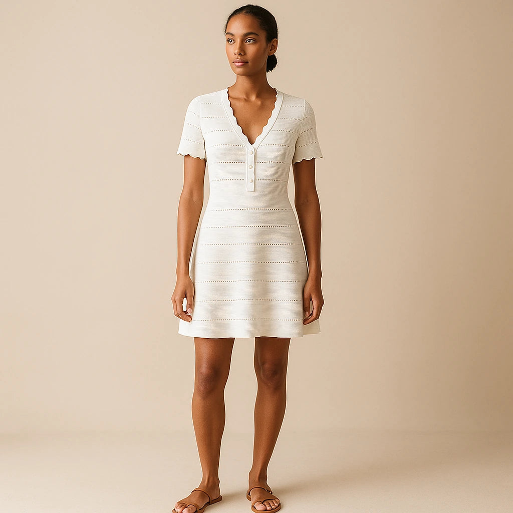 Third natural lifestyle image of a model wearing White Cut Out V Neck Sweater Dress Short Sleeve Ribbed Effortless Summer