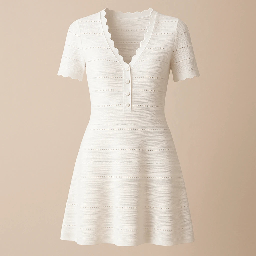 Isolated product image of White Cut Out V Neck Sweater Dress Short Sleeve Ribbed Effortless Summer on simple background