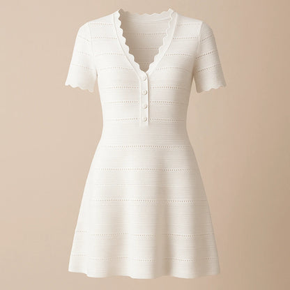 Isolated product image of White Cut Out V Neck Sweater Dress Short Sleeve Ribbed Effortless Summer on simple background
