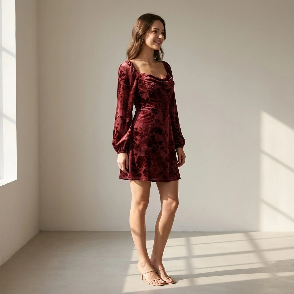 Natural lifestyle image of a model wearing wine-red-cowl-neck-floral-mini-dress