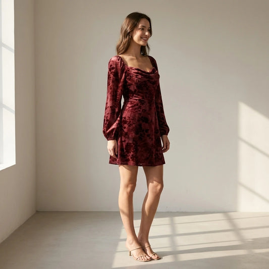 Natural lifestyle image of a model wearing wine-red-cowl-neck-floral-mini-dress