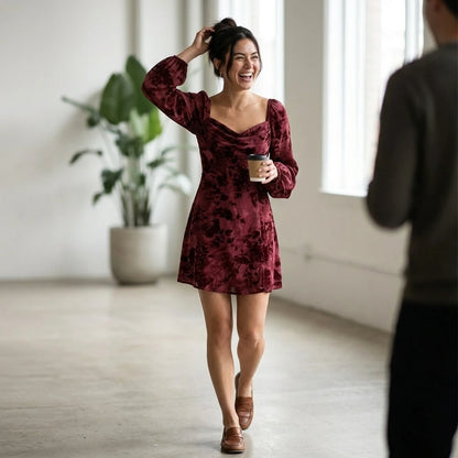 Third natural lifestyle image of a model wearing wine-red-cowl-neck-floral-mini-dress