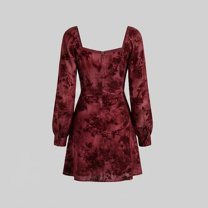 Back product-only image of wine-red-cowl-neck-floral-mini-dress