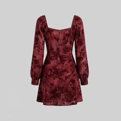 Back product-only image of wine-red-cowl-neck-floral-mini-dress
