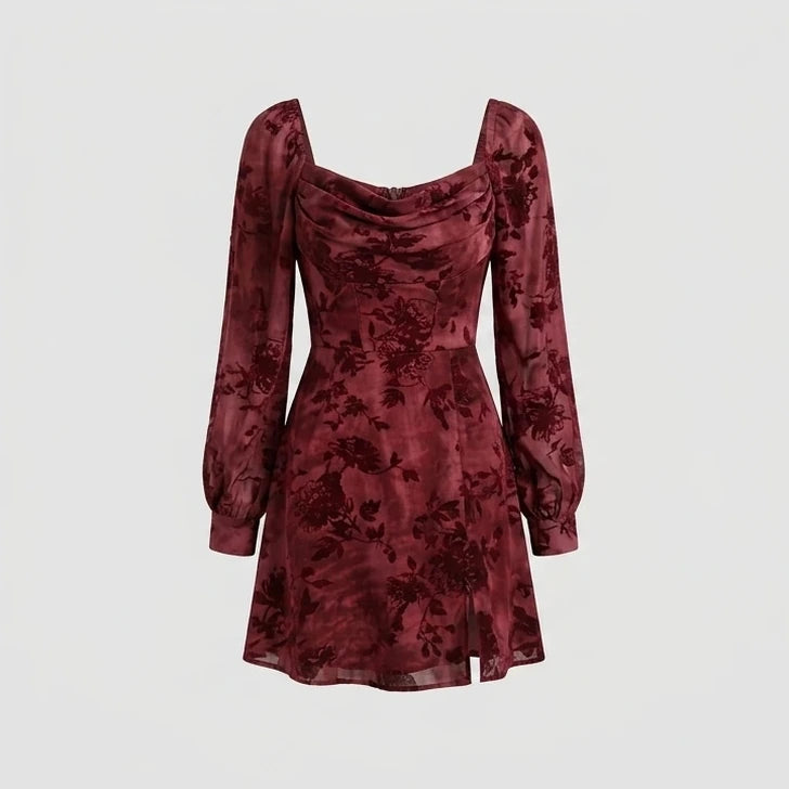 Front product-only image of wine-red-cowl-neck-floral-mini-dress