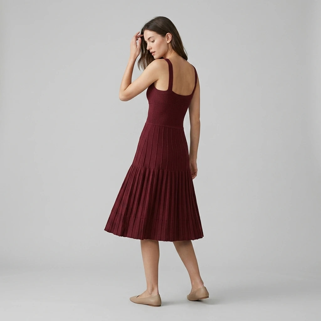 Second natural lifestyle image of a model wearing Wine Red Ruched A-Line Sweater Dress