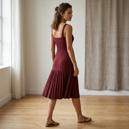 Third natural lifestyle image of a model wearing Wine Red Ruched A-Line Sweater Dress