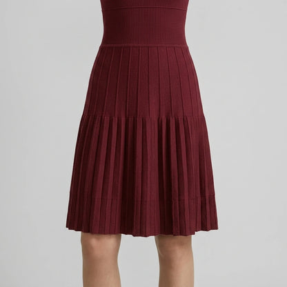 Model wearing Wine Red Ruched A-Line Sweater Dress with close focus on the product