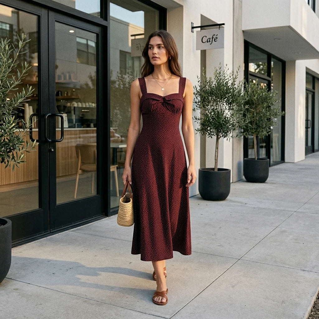 Natural lifestyle image of a model wearing wine-red-slip-midi-dress