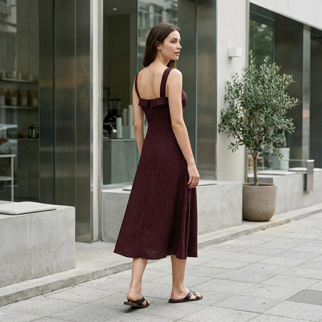 Second natural lifestyle image of a model wearing wine-red-slip-midi-dress