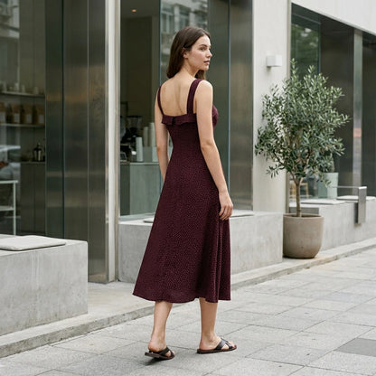 Second natural lifestyle image of a model wearing wine-red-slip-midi-dress